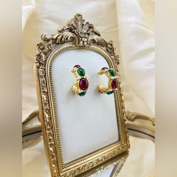 Gemstone Hoop Earrings PVD Gold Plated Stainless Steel with Pearls Natural Stone - Picture 8 of 14